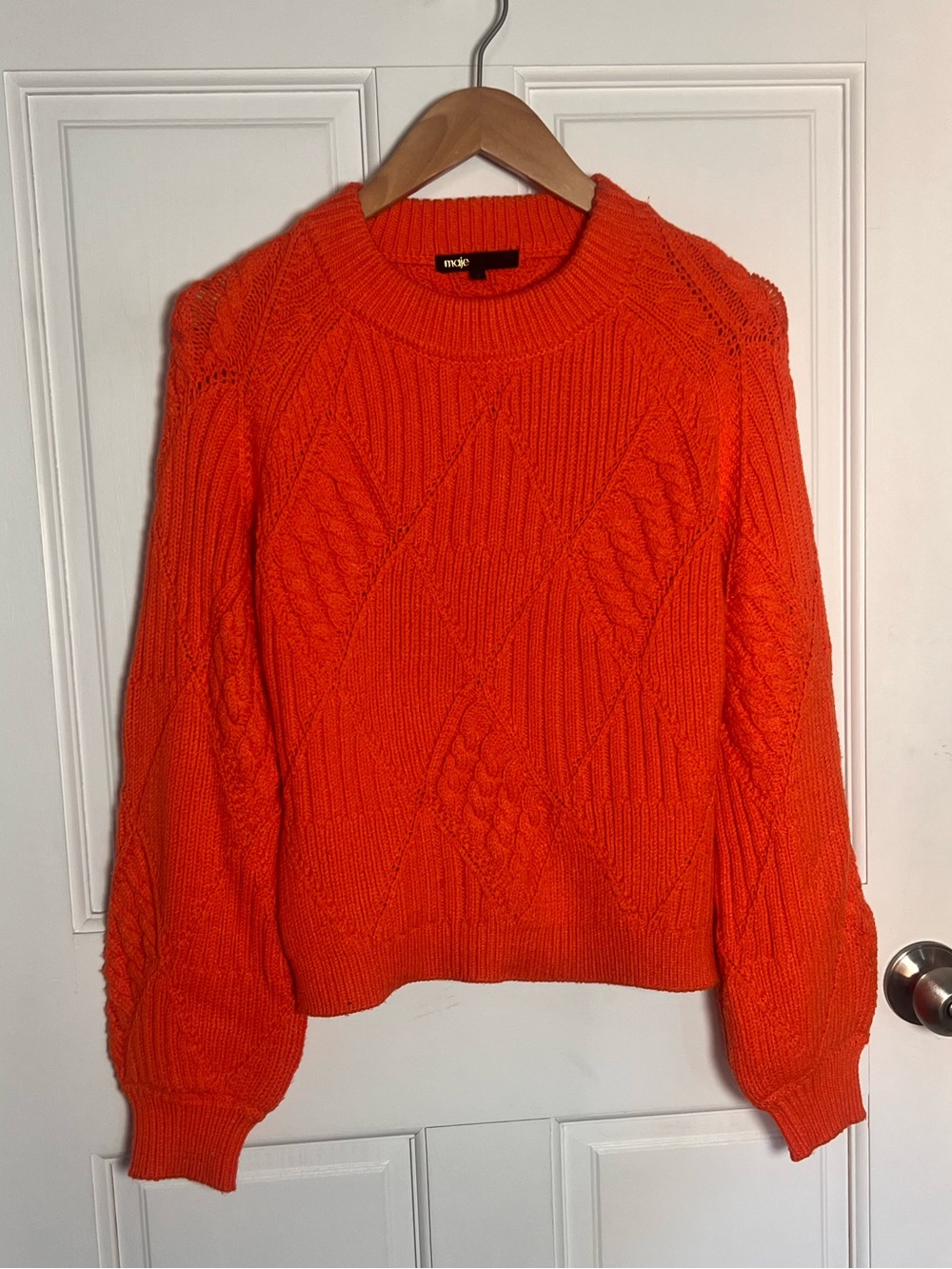 Maje Bright Orange Cable Knit Crewneck Sweater